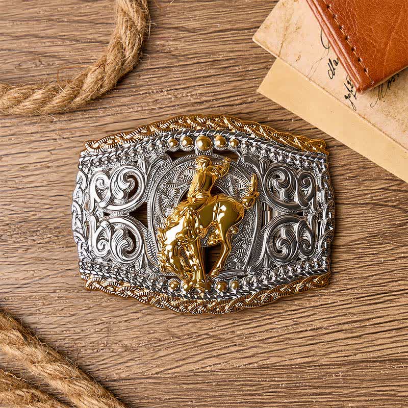 Zweifarbiger Ledergürtel mit Western-Bronco-Reiter- und Wildpferd-Motiv und DIY-Schnalle - image 10