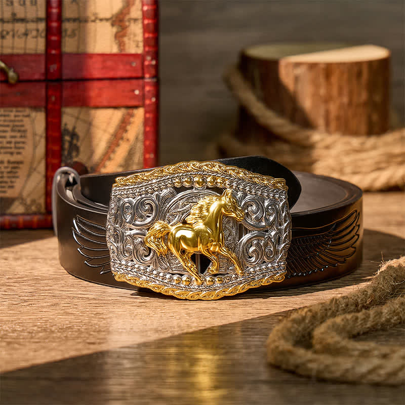 Zweifarbiger Ledergürtel mit Western-Bronco-Reiter- und Wildpferd-Motiv und DIY-Schnalle - Wildpferd - Schwarzer Gürtel mit Adlerprägung - 42 - image 2