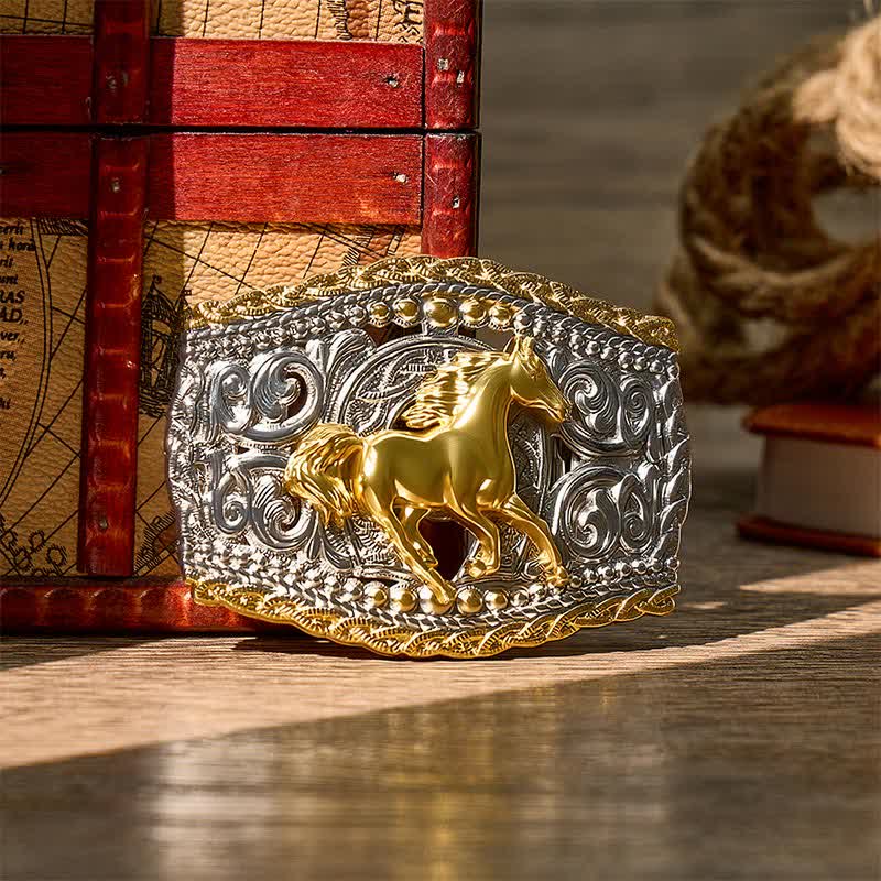 Zweifarbiger Ledergürtel mit Western-Bronco-Reiter- und Wildpferd-Motiv und DIY-Schnalle - Wildpferd - Ohne Gürtel - Nicht im Lieferumfang enthalten: Gürtel - image 0