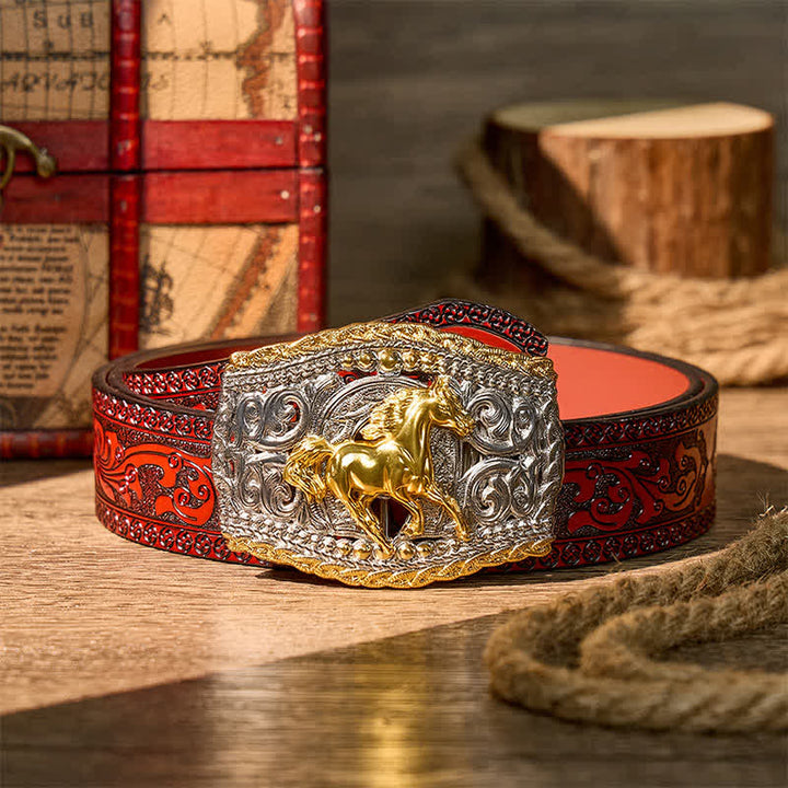 Zweifarbiger Ledergürtel mit Western-Bronco-Reiter- und Wildpferd-Motiv und DIY-Schnalle - Wildpferd - Brauner geschnitzter Gürtel - 42 - image 6