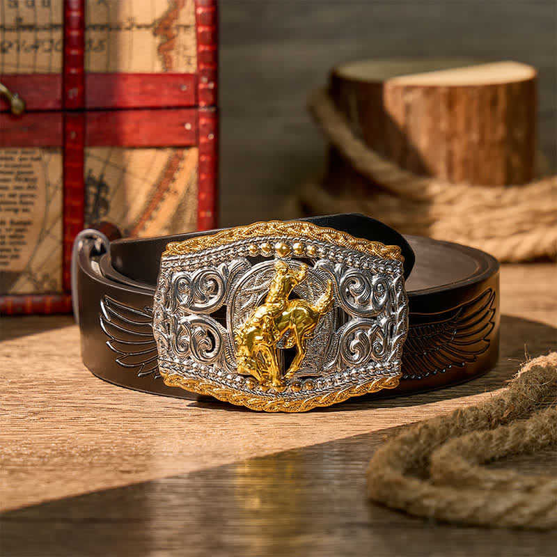 Zweifarbiger Ledergürtel mit Western-Bronco-Reiter- und Wildpferd-Motiv und DIY-Schnalle - Bronco-Reiter - Schwarzer Gürtel mit Adlerprägung - 42 - image 11