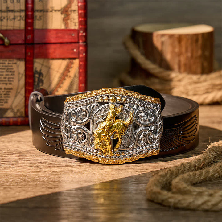 Zweifarbiger Ledergürtel mit Western-Bronco-Reiter- und Wildpferd-Motiv und DIY-Schnalle - Bronco-Reiter - Schwarzer Gürtel mit Adlerprägung - 42 - image 11