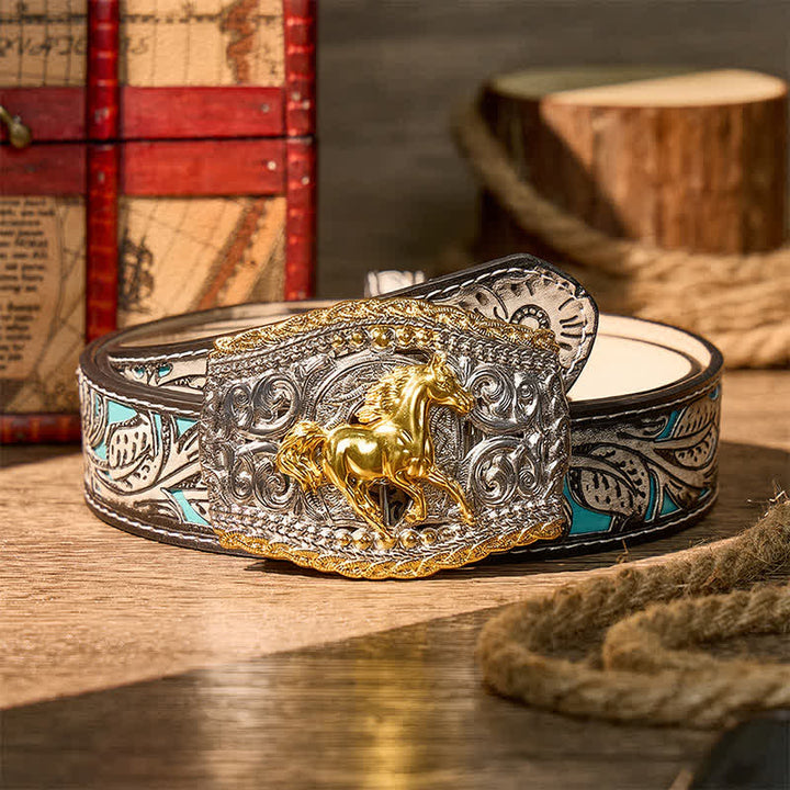 Zweifarbiger Ledergürtel mit Western-Bronco-Reiter- und Wildpferd-Motiv und DIY-Schnalle - Wildpferd - Grauer Gürtel mit Blumenmuster - 42 - image 8