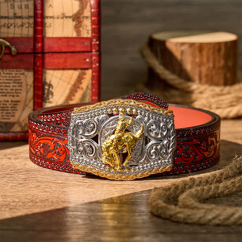 Zweifarbiger Ledergürtel mit Western-Bronco-Reiter- und Wildpferd-Motiv und DIY-Schnalle - Bronco-Reiter - Brauner geschnitzter Gürtel - 42 - image 15