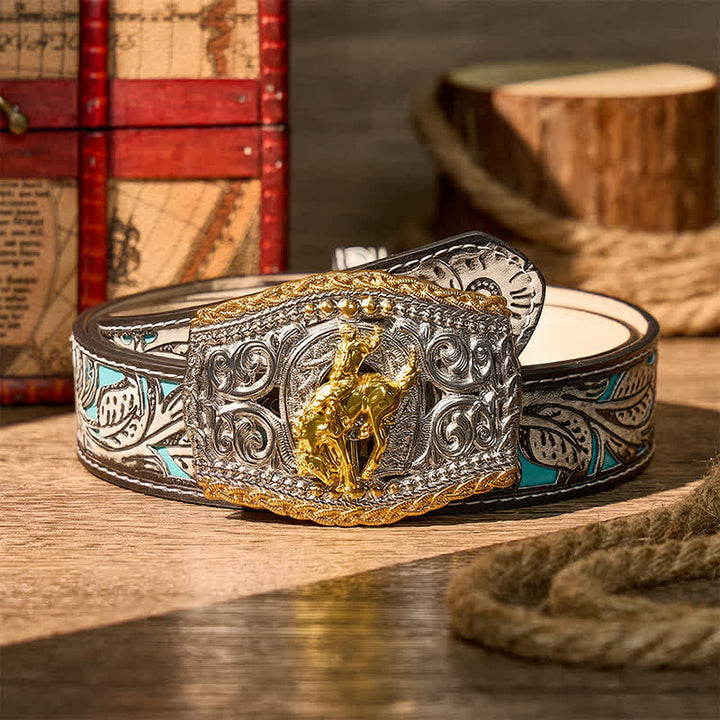 Zweifarbiger Ledergürtel mit Western-Bronco-Reiter- und Wildpferd-Motiv und DIY-Schnalle - Bronco-Reiter - Grauer Gürtel mit Blumenmuster - 42 - image 17