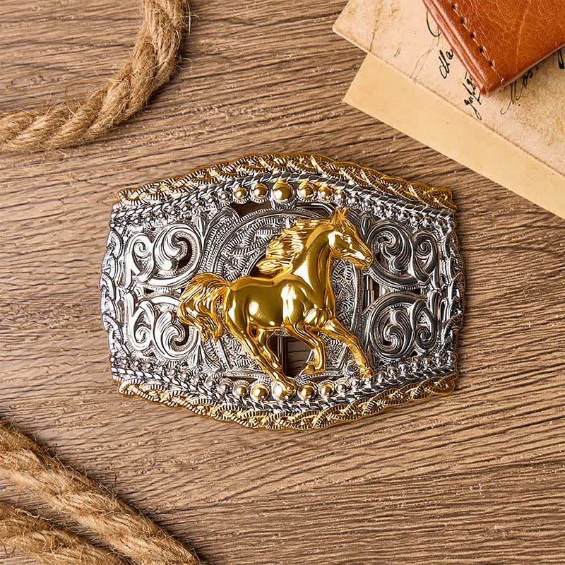 Zweifarbiger Ledergürtel mit Western-Bronco-Reiter- und Wildpferd-Motiv und DIY-Schnalle - image 1