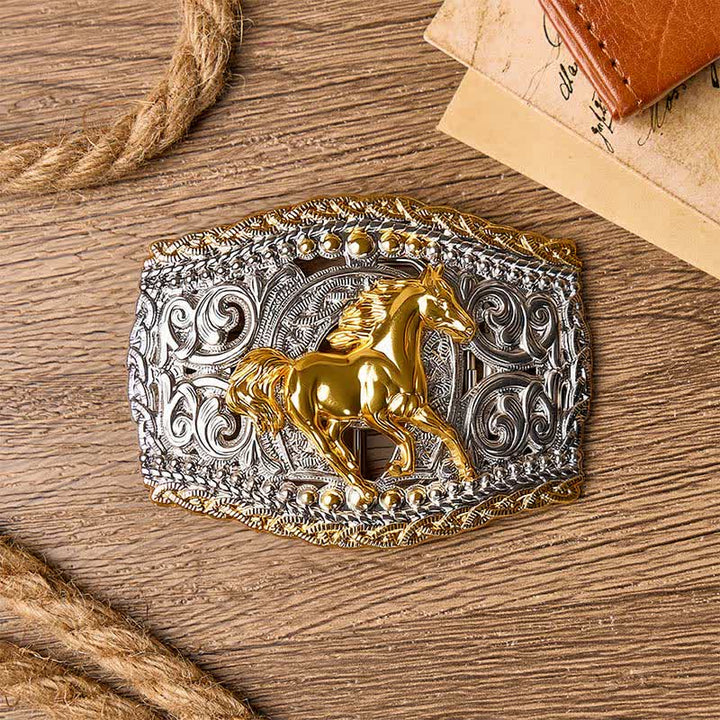 Zweifarbiger Ledergürtel mit Western-Bronco-Reiter- und Wildpferd-Motiv und DIY-Schnalle - image 1