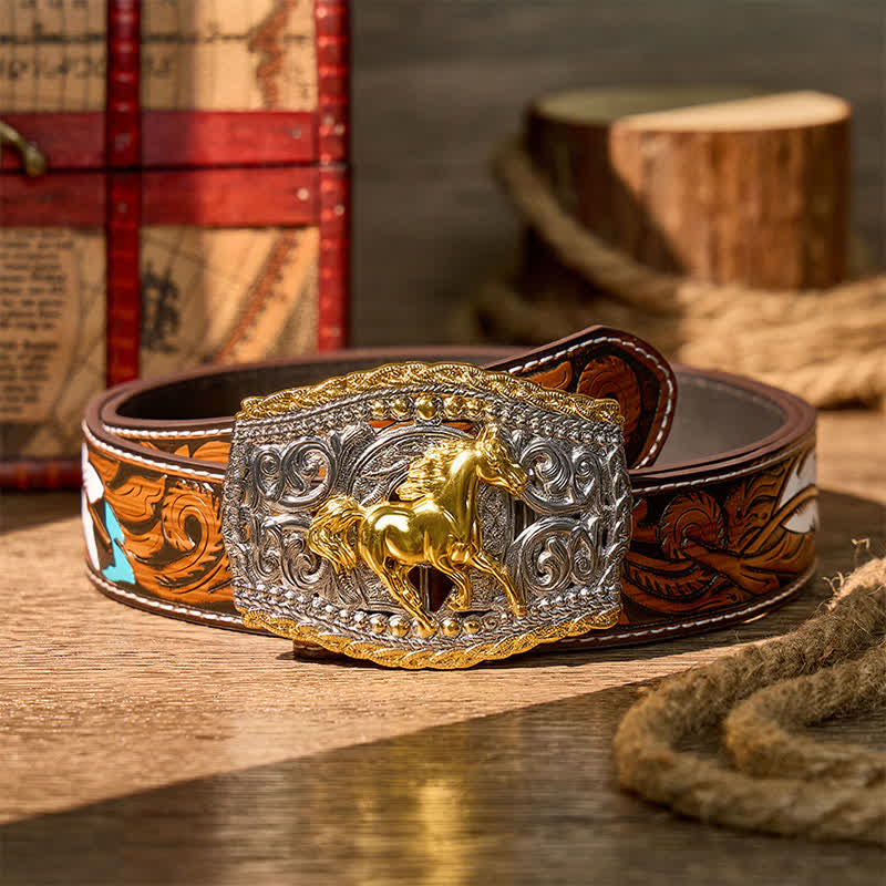 Zweifarbiger Ledergürtel mit Western-Bronco-Reiter- und Wildpferd-Motiv und DIY-Schnalle - Wildpferd - Brauner Federgürtel - 40 - image 7