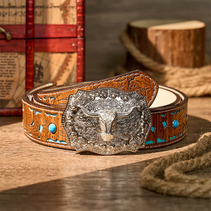 Glänzender Longhorn Legacy Western Cowboy DIY Ledergürtel mit Schnalle - Silber - Türkisfarbener, geschnitzter Gürtel - 42 - image 12
