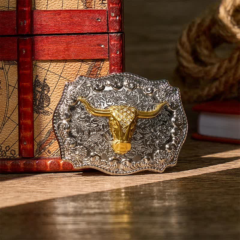 Glänzender Longhorn Legacy Western Cowboy DIY Ledergürtel mit Schnalle - Gold - Ohne Gürtel - Nicht im Lieferumfang enthalten: Gürtel - image 0