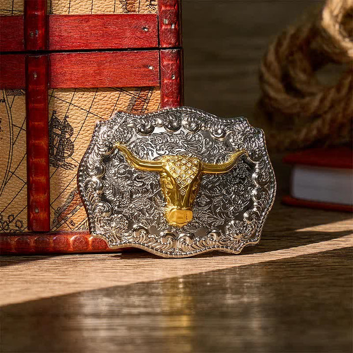 Glänzender Longhorn Legacy Western Cowboy DIY Ledergürtel mit Schnalle - Gold - Ohne Gürtel - Nicht im Lieferumfang enthalten: Gürtel - image 0