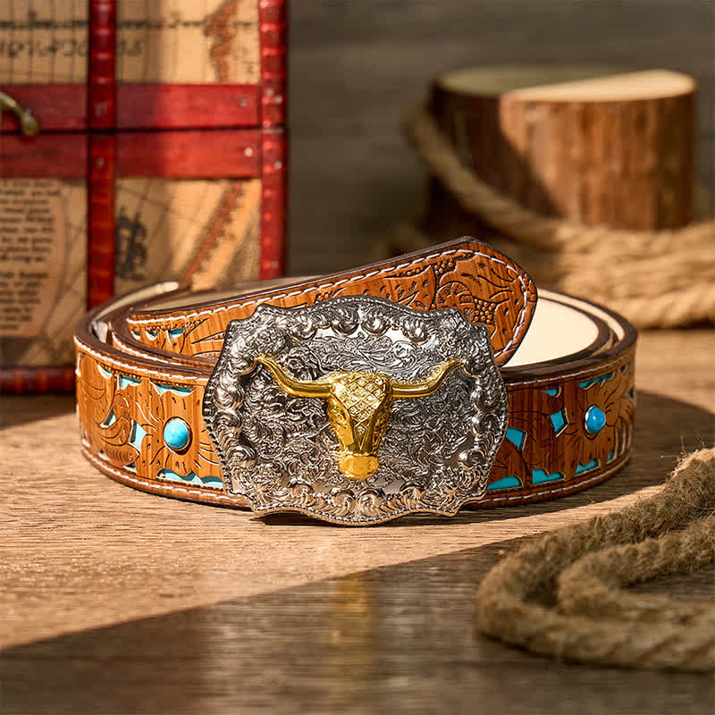 Glänzender Longhorn Legacy Western Cowboy DIY Ledergürtel mit Schnalle - Gold - Türkisfarbener, geschnitzter Gürtel - 42 - image 3