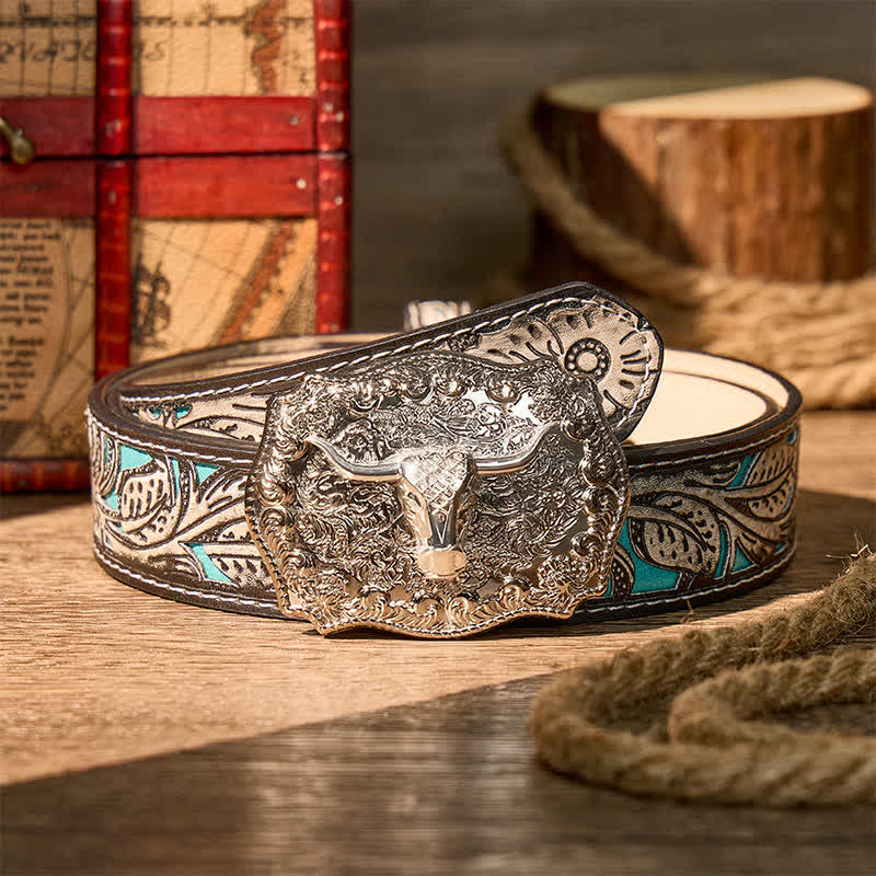 Glänzender Longhorn Legacy Western Cowboy DIY Ledergürtel mit Schnalle - Silber - Grauer Gürtel mit Blumenmuster - 42 - image 17