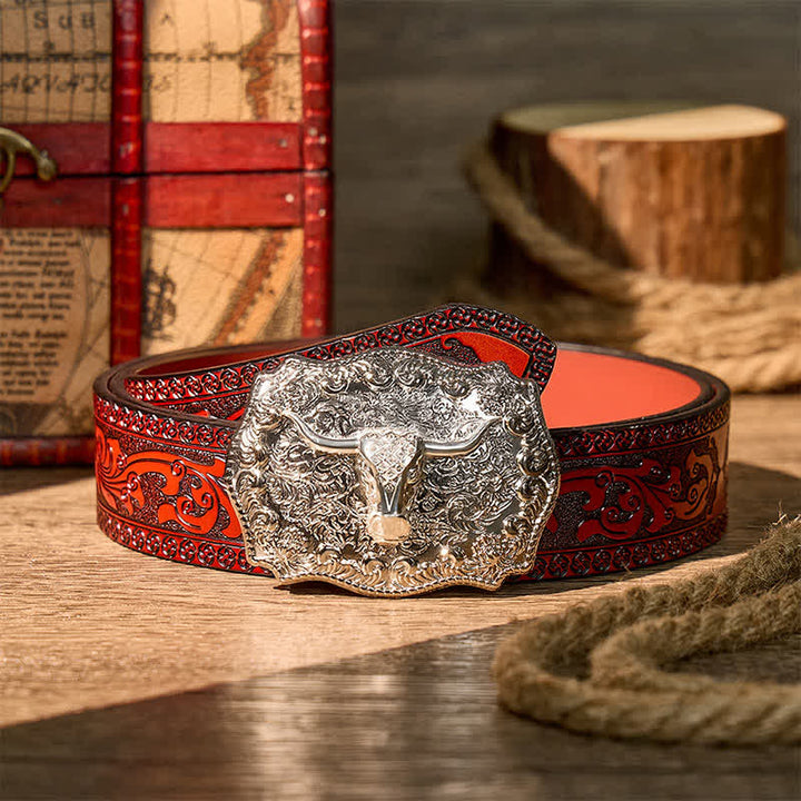 Glänzender Longhorn Legacy Western Cowboy DIY Ledergürtel mit Schnalle - Silber - Brauner geschnitzter Gürtel - 42 - image 15