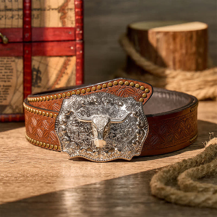 Glänzender Longhorn Legacy Western Cowboy DIY Ledergürtel mit Schnalle - Silber - Brauner Nietgürtel - 42 - image 13