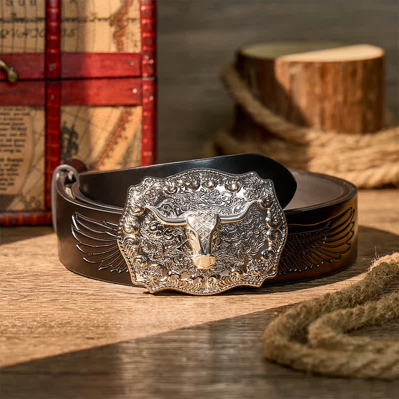 Glänzender Longhorn Legacy Western Cowboy DIY Ledergürtel mit Schnalle - Silber - Schwarzer Gürtel mit Adlerprägung - 42 - image 11