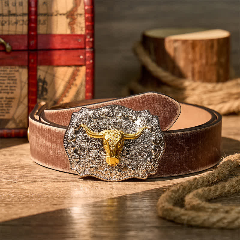 Glänzender Longhorn Legacy Western Cowboy DIY Ledergürtel mit Schnalle - Gold - Brauner, abgenutzter Gürtel - 42 - image 5