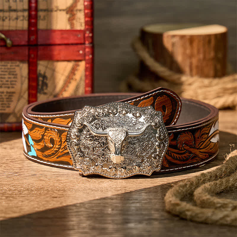 Glänzender Longhorn Legacy Western Cowboy DIY Ledergürtel mit Schnalle - Silber - Brauner Federgürtel - 40 - image 16