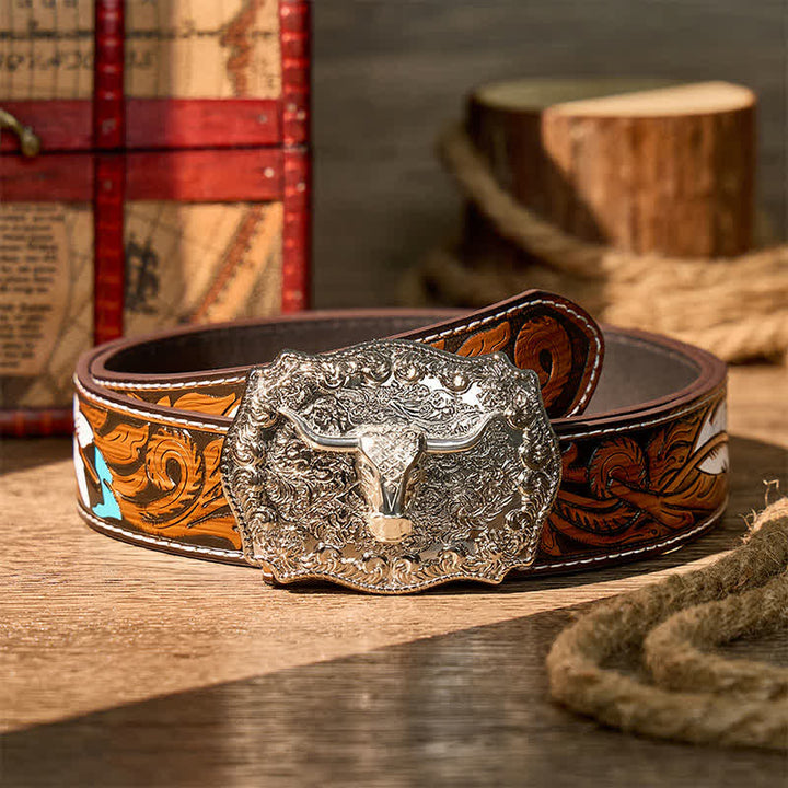 Glänzender Longhorn Legacy Western Cowboy DIY Ledergürtel mit Schnalle - Silber - Brauner Federgürtel - 40 - image 16