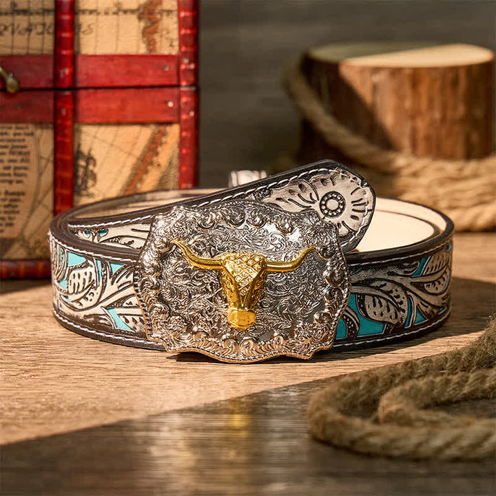 Glänzender Longhorn Legacy Western Cowboy DIY Ledergürtel mit Schnalle - Gold - Grauer Gürtel mit Blumenmuster - 42 - image 8