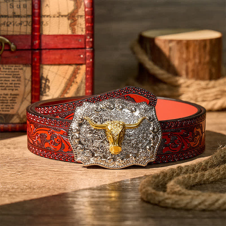Glänzender Longhorn Legacy Western Cowboy DIY Ledergürtel mit Schnalle - Gold - Brauner geschnitzter Gürtel - 42 - image 6