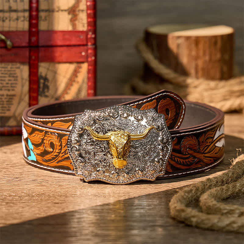 Glänzender Longhorn Legacy Western Cowboy DIY Ledergürtel mit Schnalle - Gold - Brauner Federgürtel - 40 - image 7
