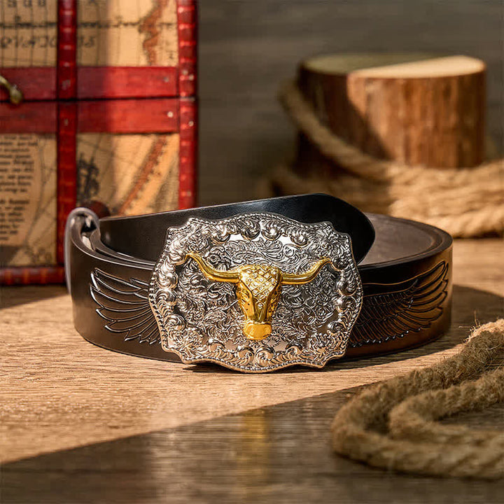 Glänzender Longhorn Legacy Western Cowboy DIY Ledergürtel mit Schnalle - Gold - Schwarzer Gürtel mit Adlerprägung - 42 - image 2
