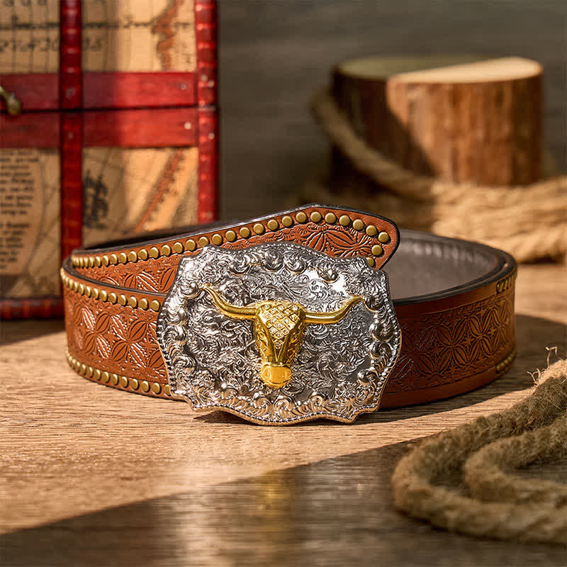 Glänzender Longhorn Legacy Western Cowboy DIY Ledergürtel mit Schnalle - Gold - Brauner Nietgürtel - 42 - image 4