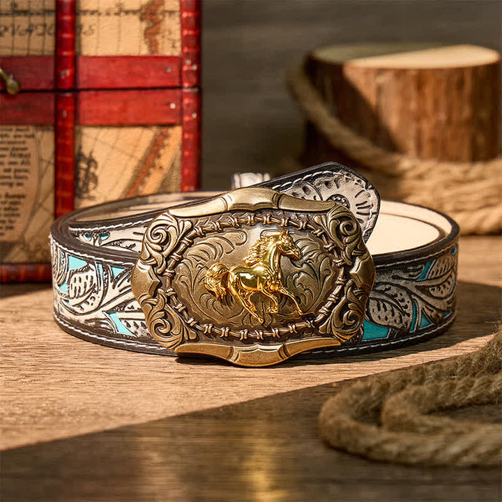 Geboren zum Laufen Cowboy Rodeo Pferd DIY Schnalle Ledergürtel - Bronze - Grauer Gürtel mit Blumenmuster - 42 - image 8