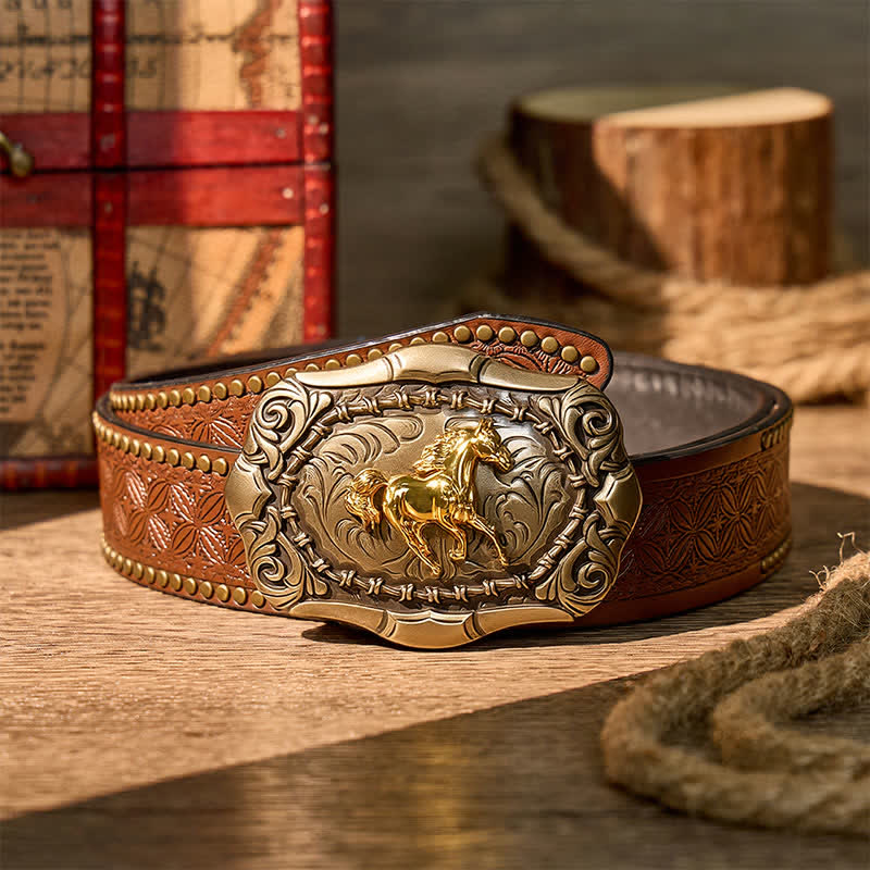 Geboren zum Laufen Cowboy Rodeo Pferd DIY Schnalle Ledergürtel - Bronze - Brauner Nietgürtel - 42 - image 4