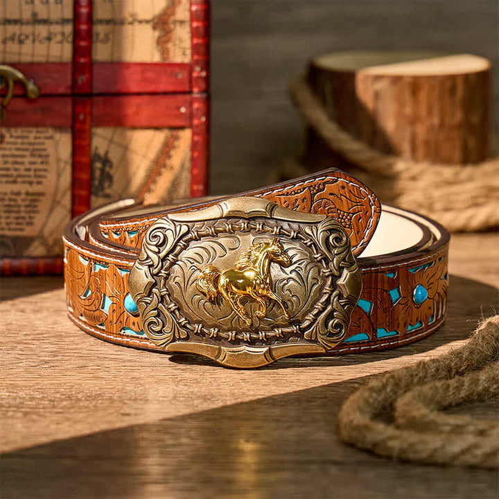 Geboren zum Laufen Cowboy Rodeo Pferd DIY Schnalle Ledergürtel - Bronze - Türkisfarbener, geschnitzter Gürtel - 42 - image 3