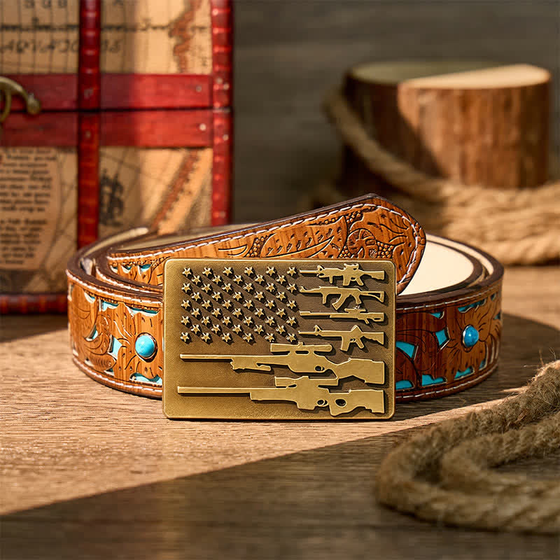 Patriot Rifle Flag DIY Cowboy Shooting Buckle Leather Belt - Bronze - Türkisfarbener, geschnitzter Gürtel - 42 - image 3