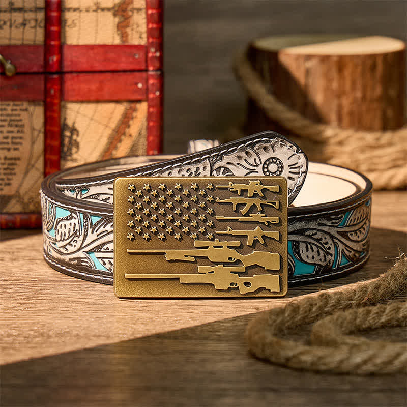 Patriot Rifle Flag DIY Cowboy Shooting Buckle Leather Belt - Bronze - Grauer Gürtel mit Blumenmuster - 42 - image 8
