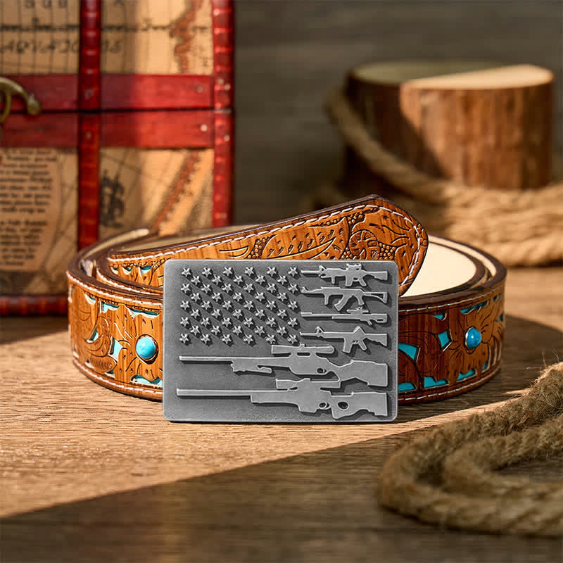 Patriot Rifle Flag DIY Cowboy Shooting Buckle Leather Belt - Silber - Türkisfarbener, geschnitzter Gürtel - 42 - image 11