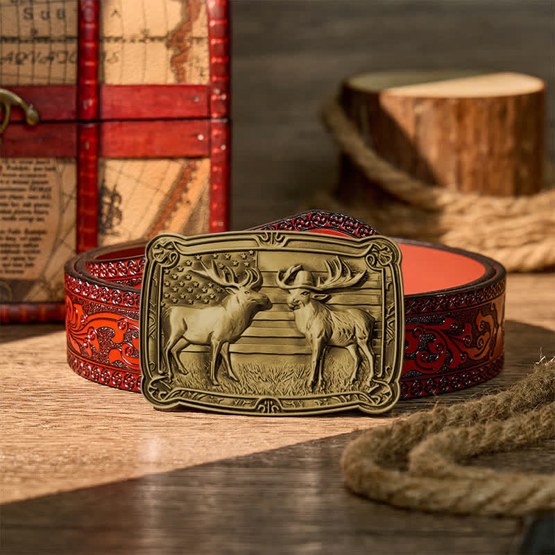 Patriotisches Wildtiermotiv: Zwei Elche im Western-Stil, DIY-Schnalle, Ledergürtel - Bronze - Brauner geschnitzter Gürtel - 42 - image 14