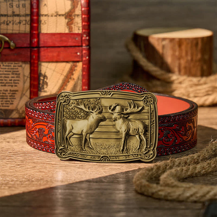 Patriotisches Wildtiermotiv: Zwei Elche im Western-Stil, DIY-Schnalle, Ledergürtel - Bronze - Brauner geschnitzter Gürtel - 42 - image 14