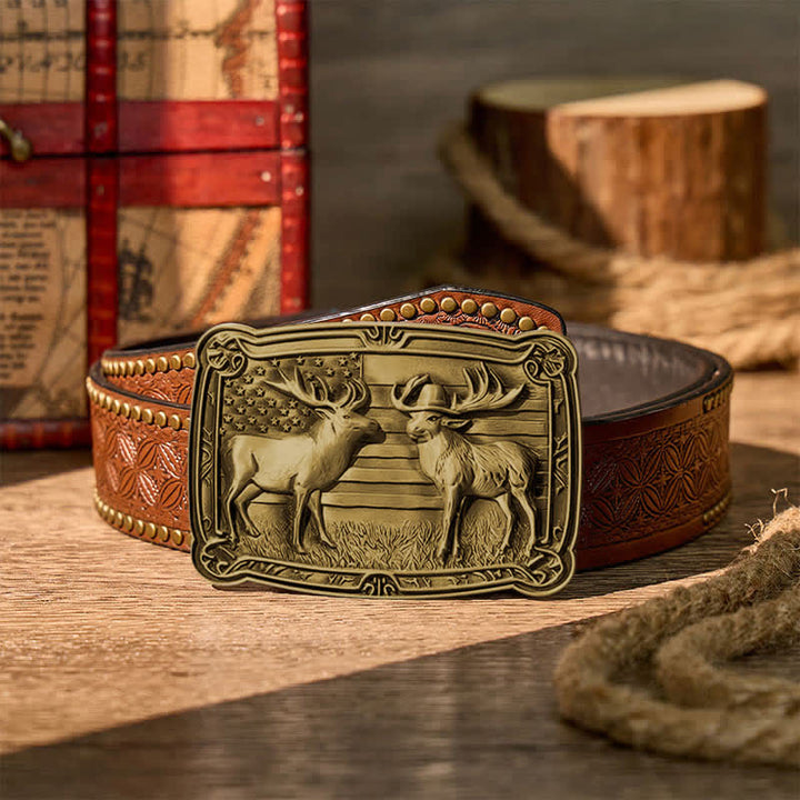 Patriotisches Wildtiermotiv: Zwei Elche im Western-Stil, DIY-Schnalle, Ledergürtel - Bronze - Brauner Nietgürtel - 42 - image 12