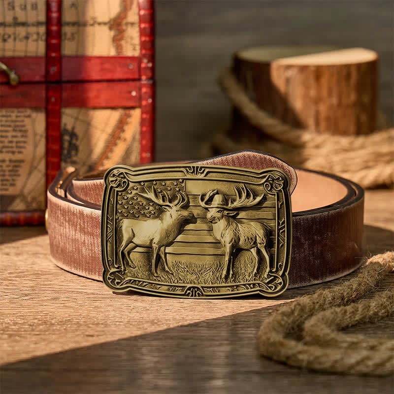 Patriotisches Wildtiermotiv: Zwei Elche im Western-Stil, DIY-Schnalle, Ledergürtel - Bronze - Brauner, abgenutzter Gürtel - 42 - image 13