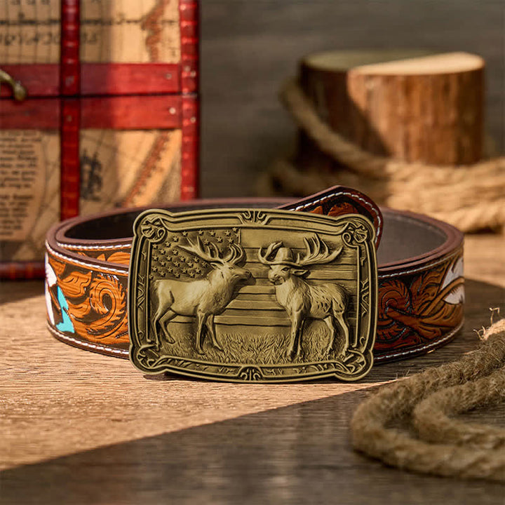 Patriotisches Wildtiermotiv: Zwei Elche im Western-Stil, DIY-Schnalle, Ledergürtel - Bronze - Brauner Federgürtel - 40 - image 15