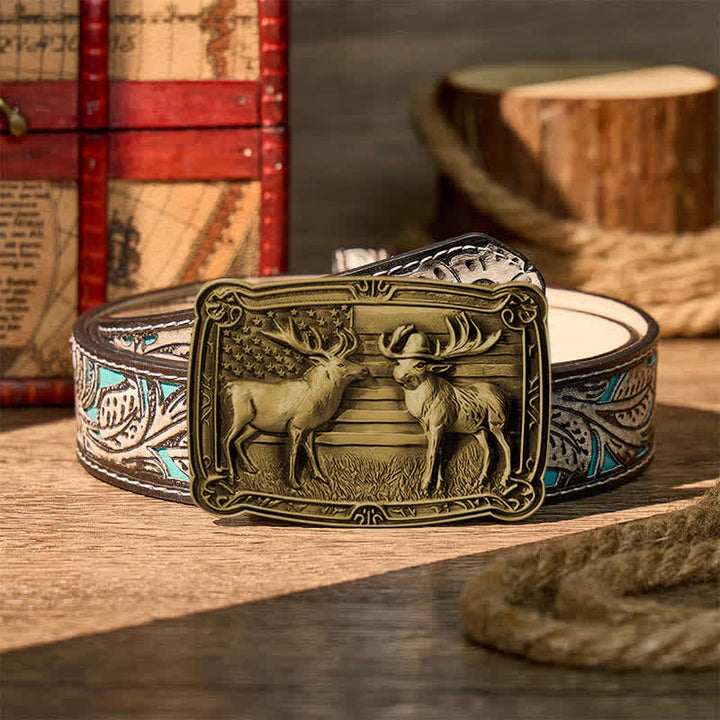 Patriotisches Wildtiermotiv: Zwei Elche im Western-Stil, DIY-Schnalle, Ledergürtel - Bronze - Grauer Gürtel mit Blumenmuster - 42 - image 16