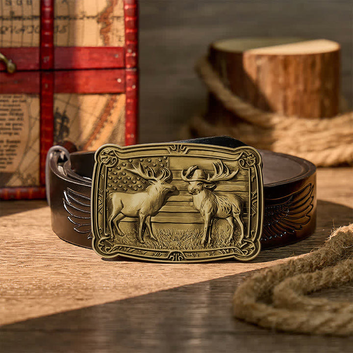 Patriotisches Wildtiermotiv: Zwei Elche im Western-Stil, DIY-Schnalle, Ledergürtel - Bronze - Schwarzer Gürtel mit Adlerprägung - 42 - image 10