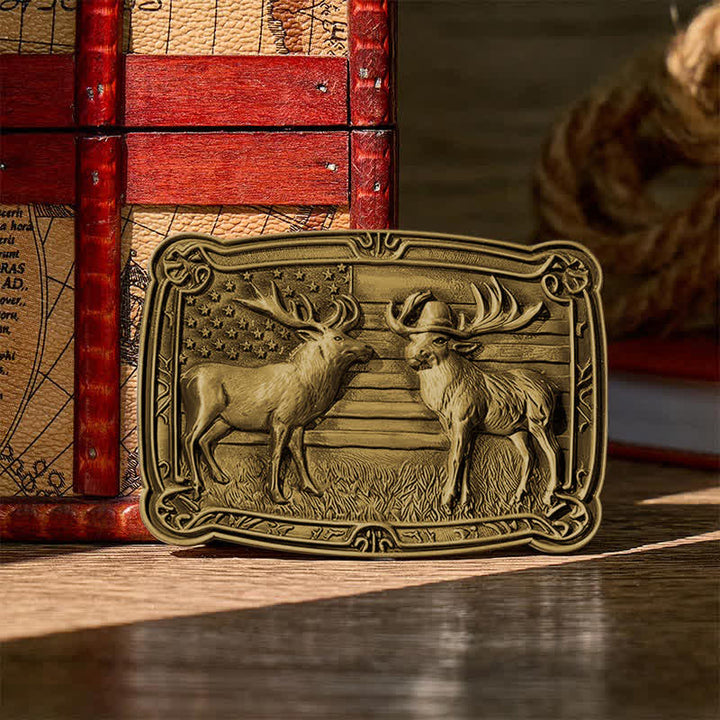 Patriotisches Wildtiermotiv: Zwei Elche im Western-Stil, DIY-Schnalle, Ledergürtel - Bronze - Ohne Gürtel - Nicht im Lieferumfang enthalten: Gürtel - image 9