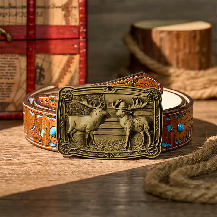 Patriotisches Wildtiermotiv: Zwei Elche im Western-Stil, DIY-Schnalle, Ledergürtel - Bronze - Türkisfarbener, geschnitzter Gürtel - 42 - image 11