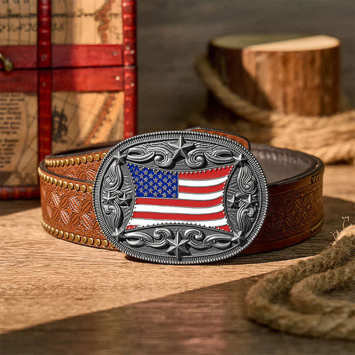Patriotischer, emaillierter Ledergürtel mit amerikanischer Flagge zum Selbermachen - Silber - Brauner Nietgürtel - 42 - image 12