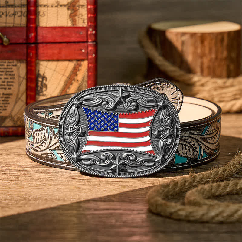 Patriotischer, emaillierter Ledergürtel mit amerikanischer Flagge zum Selbermachen - Silber - Grauer Gürtel mit Blumenmuster - 42 - image 16