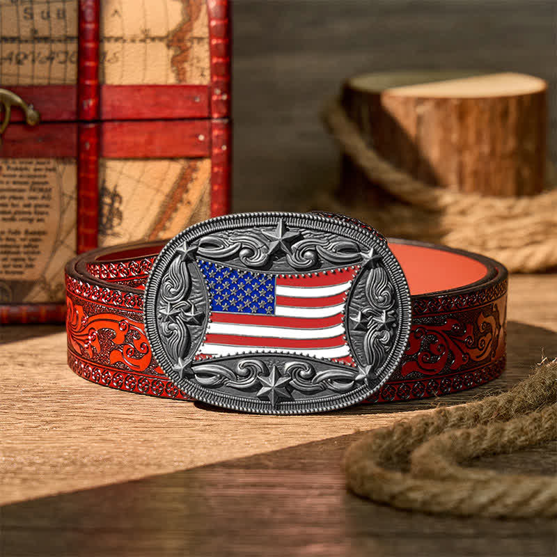 Patriotischer, emaillierter Ledergürtel mit amerikanischer Flagge zum Selbermachen - Silber - Brauner geschnitzter Gürtel - 42 - image 14