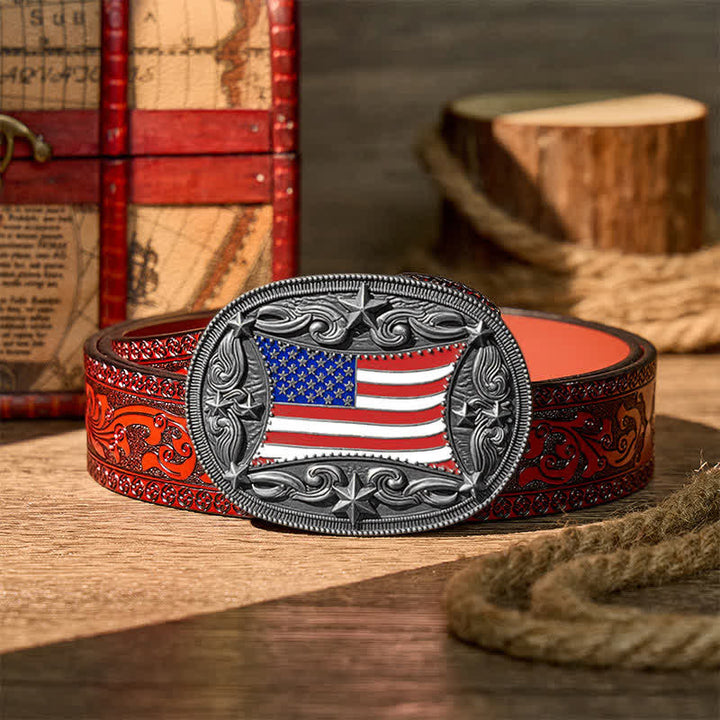 Patriotischer, emaillierter Ledergürtel mit amerikanischer Flagge zum Selbermachen - Silber - Brauner geschnitzter Gürtel - 42 - image 14