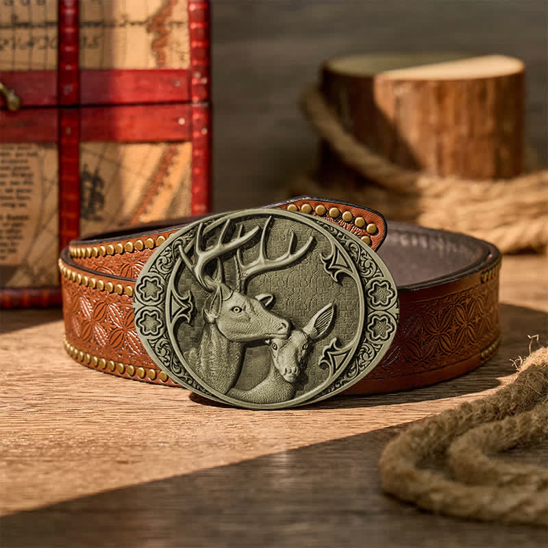 Majestic Love Stag And Doe DIY Buckle Leather Belt - Bronze - Brauner Nietgürtel - 42 - image 12
