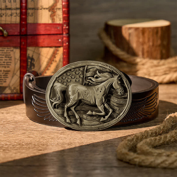 Freedom Gallop Patriotischer Gürtel mit amerikanischer Flagge zum Selbermachen – Ledergürtel mit Schnalle - Bronze - Schwarzer Gürtel mit Adlerprägung - 42 - image 10