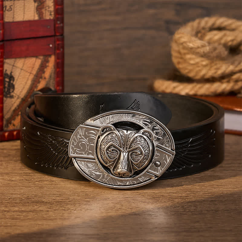 Tribal Silver Guardian Bear Head DIY Hidden Folding Knife Buckle Leather Belt - Tragen - Schwarzer Gürtel mit Adlerprägung - 42 - image 3